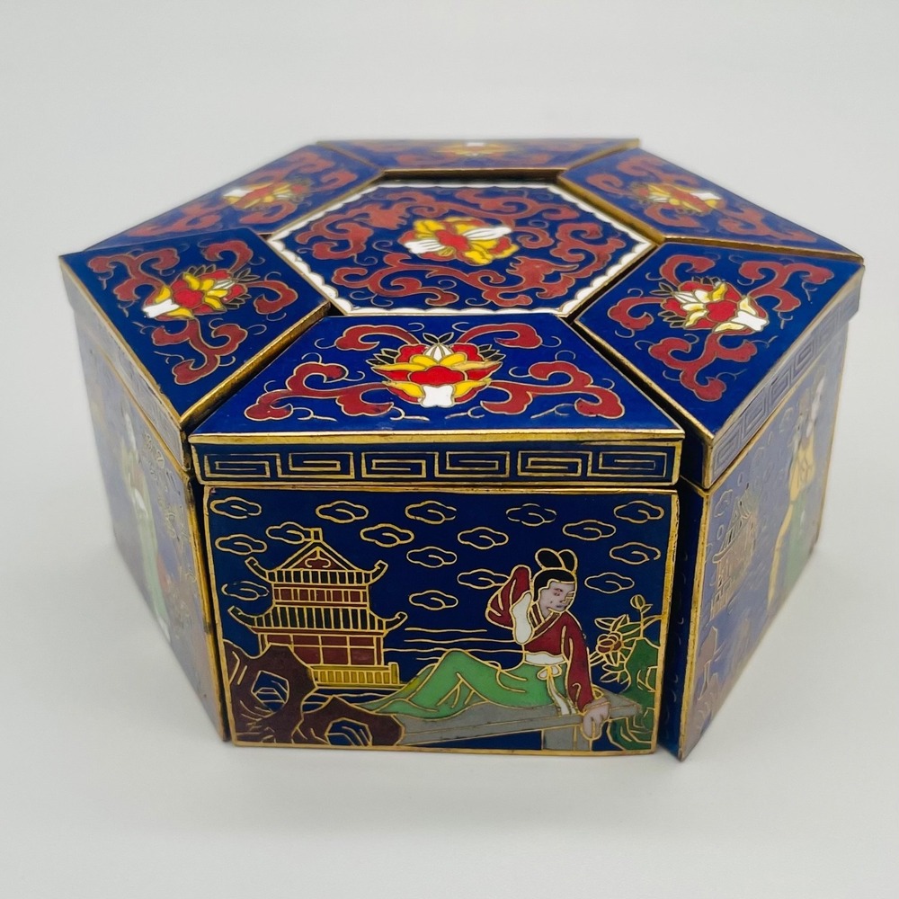 Peking Jewelry Cloisonne Enamel 7-Piece Puzzle Trinket Box Set Blue Floral - Picture 7 of 17